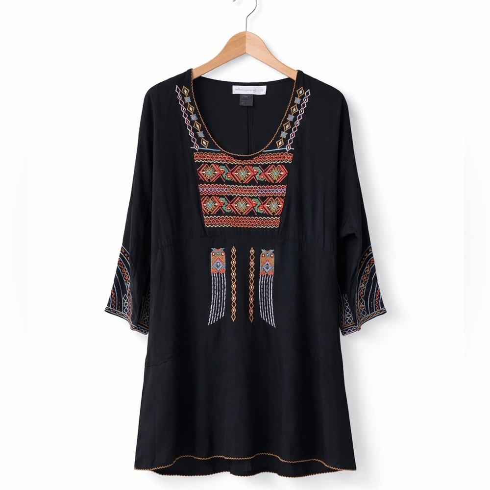Urban Mangoz Black Embroidered Beaded Bell Sleeve 100% Cotton Boho Tunic Dress L